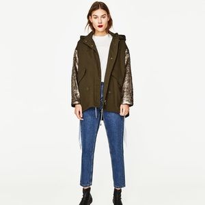 Sequin sleeve Parka , new , no tags